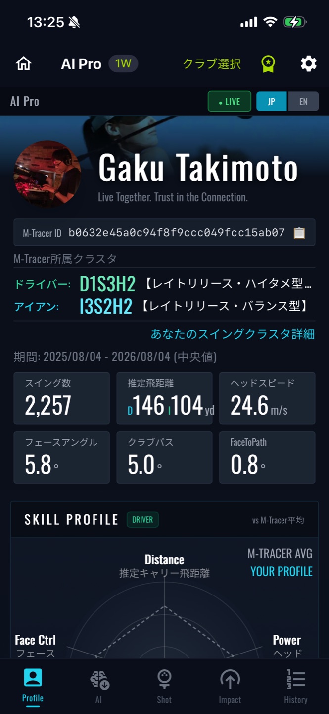 PROFILE画面 — スイングクラスタとスタッツ